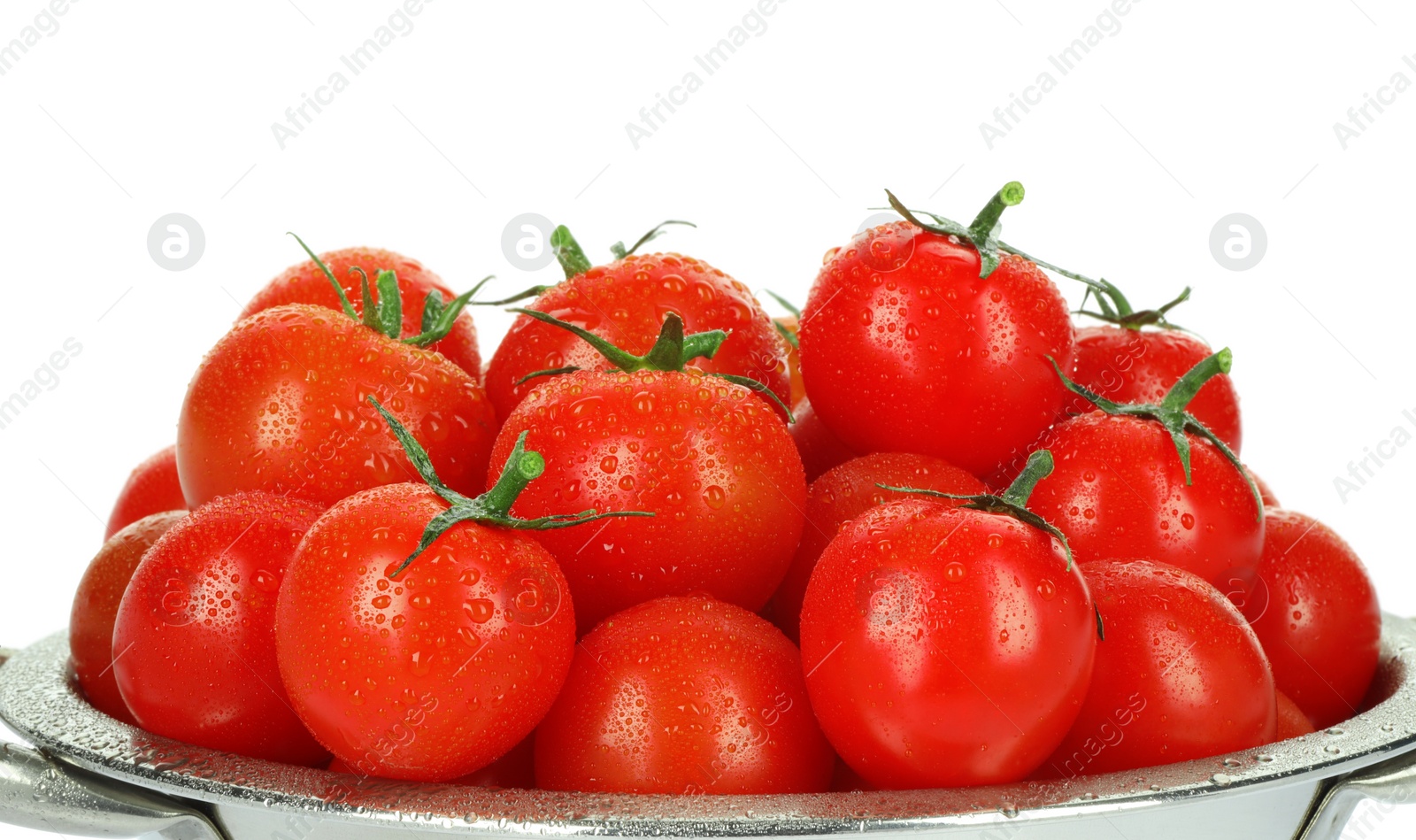 Photo of Colander with fresh ripe cherry tomatoes isolated on white