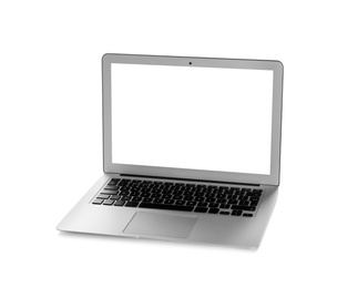Photo of Modern laptop monitor on white background, mock up with space for text