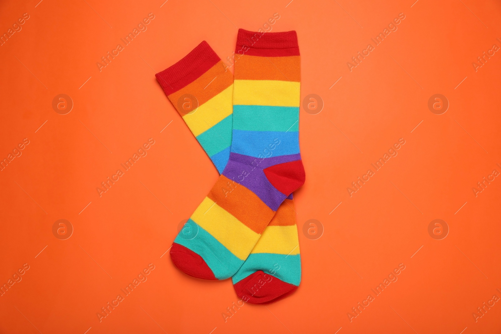 Photo of Rainbow socks on orange background, flat lay. LGBT pride