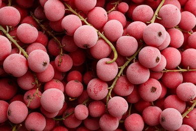 Tasty frozen red currants as background, top view