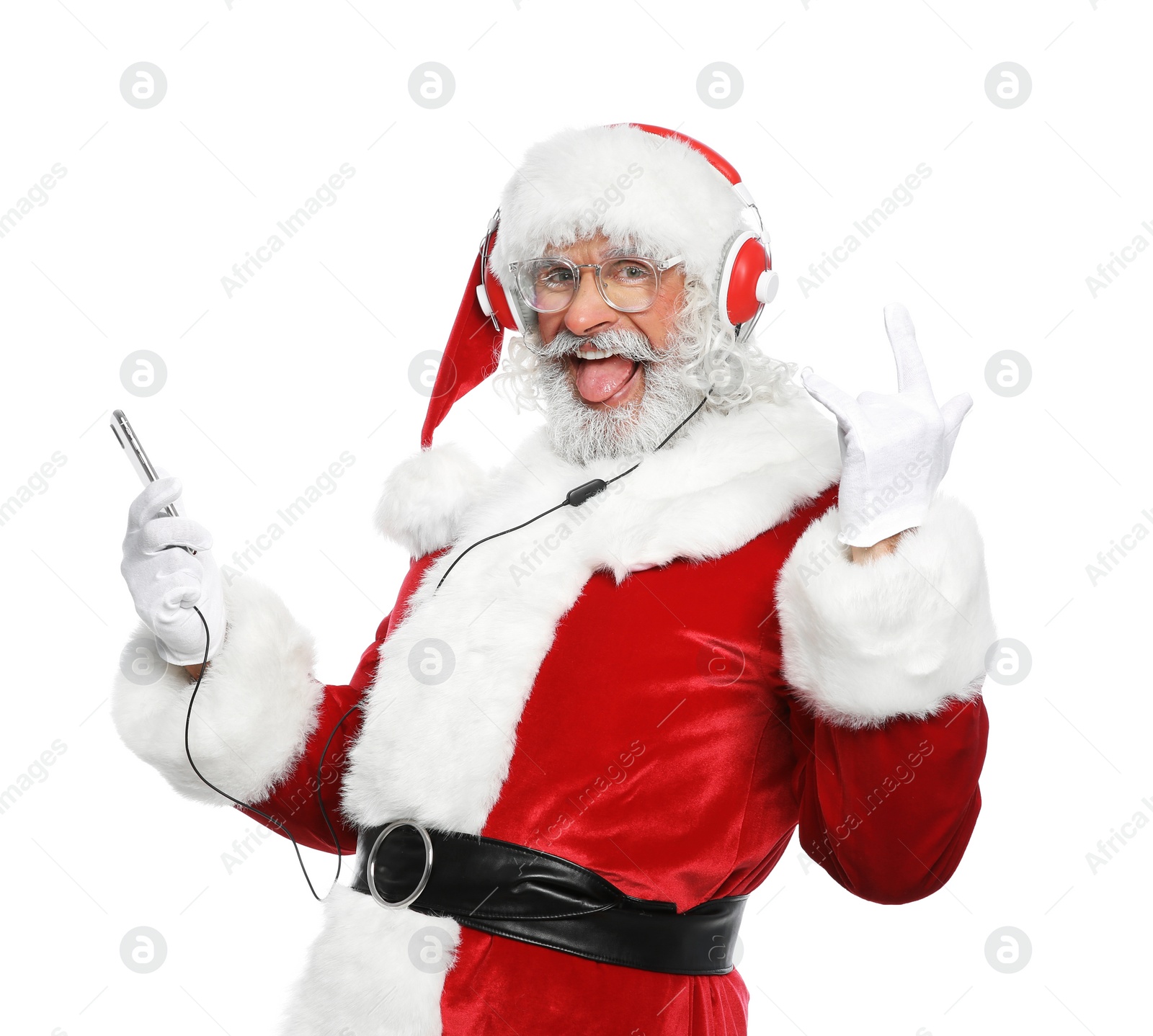 Photo of Santa Claus listening to Christmas music on white background