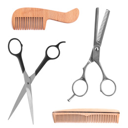 Image of Set of different professional hairdresser scissors and wooden combs on white background 