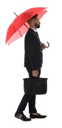 Businessman with red umbrella on white background