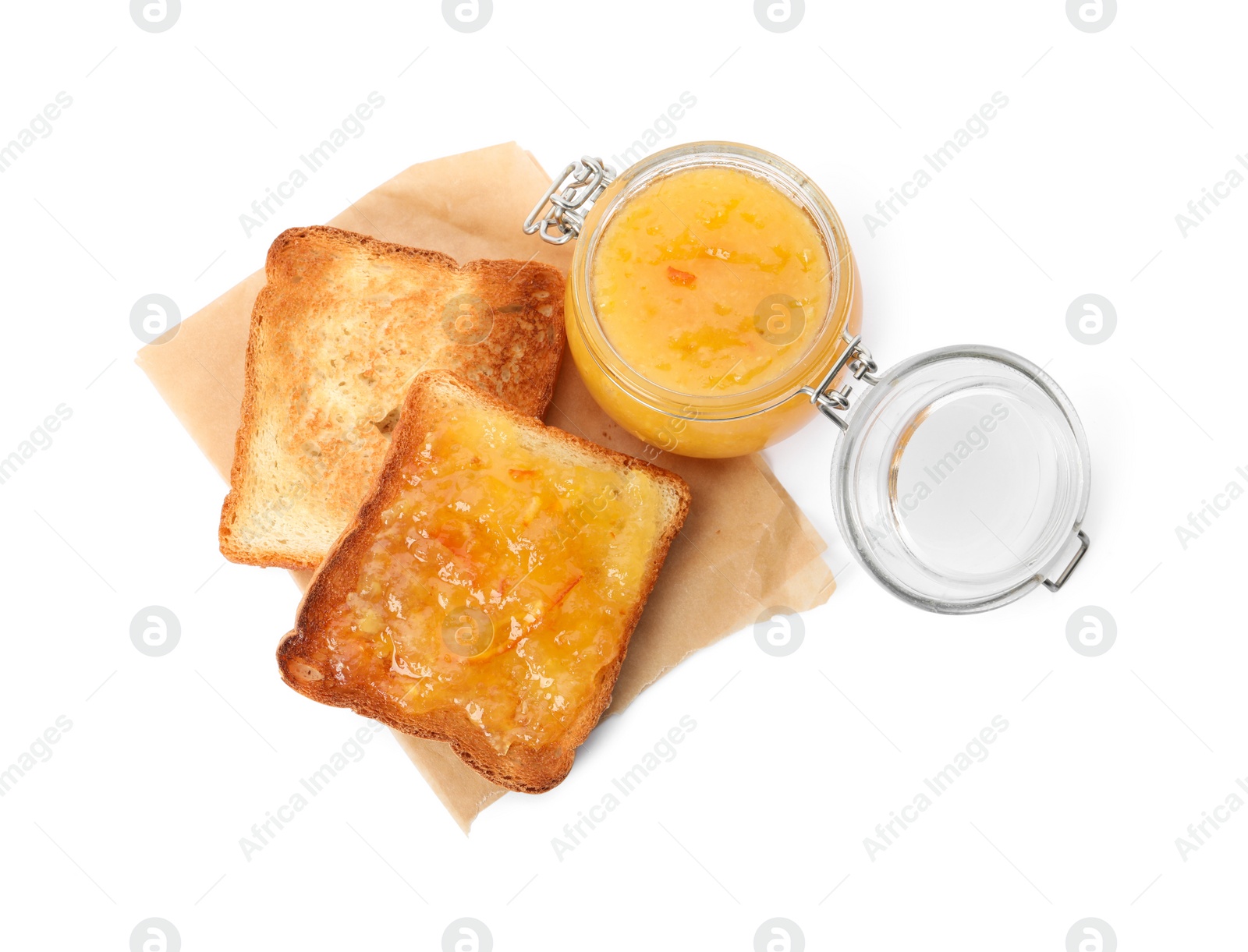 Photo of Delicious toasts and orange marmalade on white background, top view