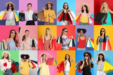 Image of Collage with photos of women holding shopping bags on different color backgrounds
