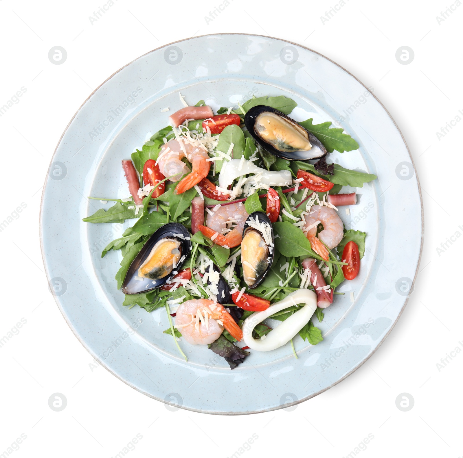 Photo of Plate of delicious salad with seafood isolated on white, top view