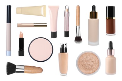Image of Face powders, concealers, liquid foundations and brushes isolated on white. Collection of makeup products