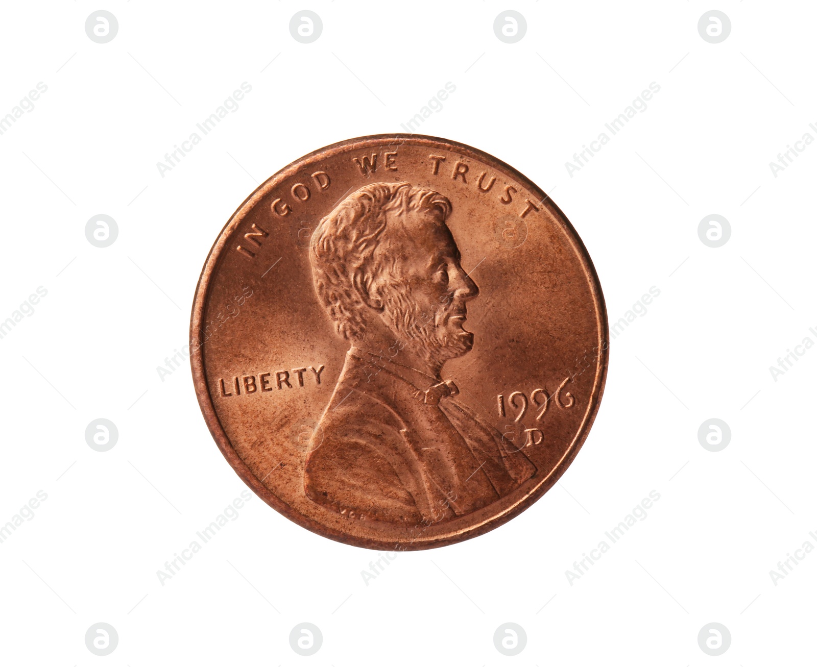 Photo of United States one cent coin on white background