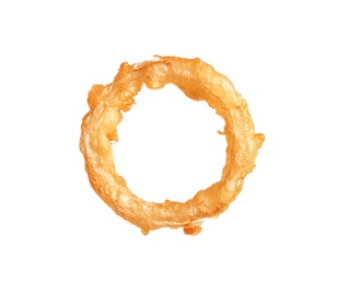Photo of Delicious golden breaded and deep fried crispy onion ring on white background