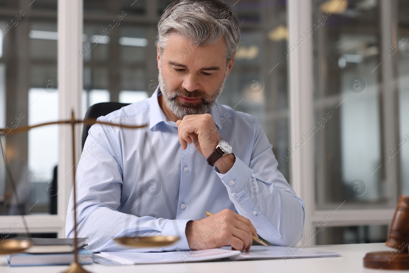 Photo of Portrait of handsome lawyer working at table in office