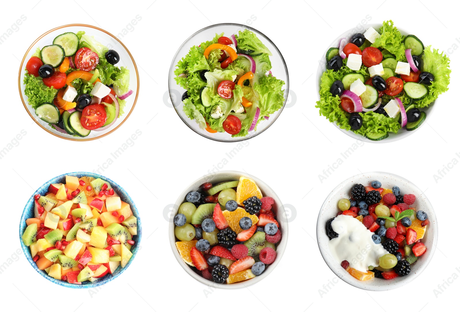 Image of Set with different salads on white background, top view