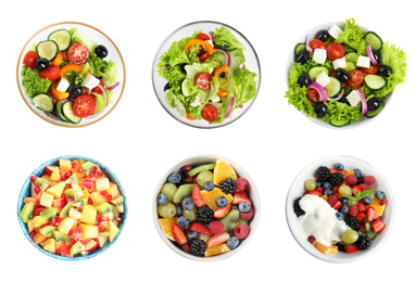 Image of Set with different salads on white background, top view