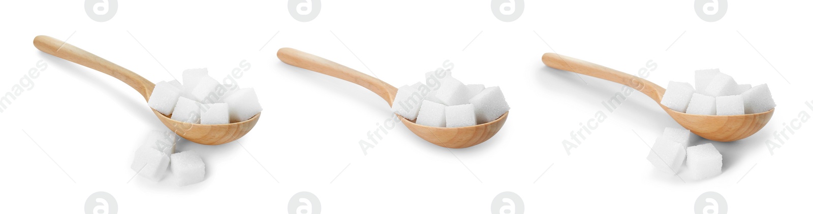 Image of Sugar cubes in spoons isolated on white, set