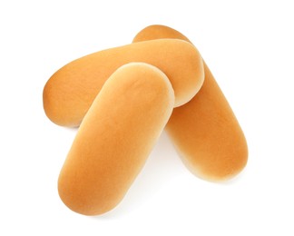 Photo of Three fresh hot dog buns isolated on white, top view