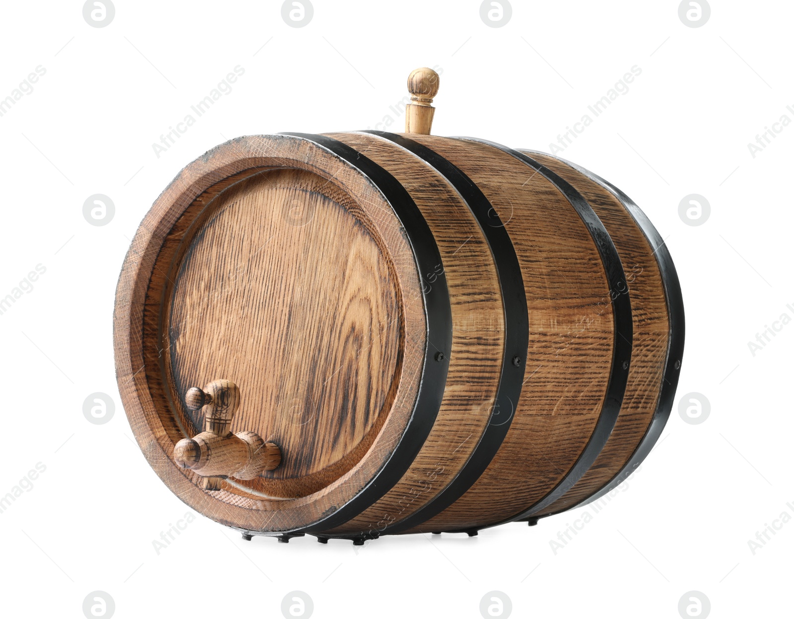 Photo of One wooden with tap barrel isolated on white