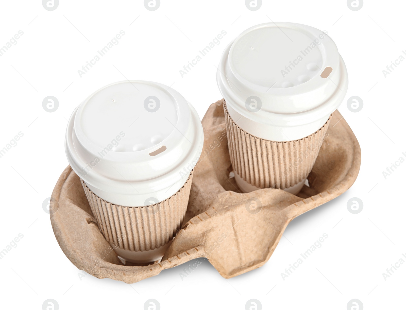 Photo of Takeaway paper coffee cups with sleeves in cardboard holder on white background