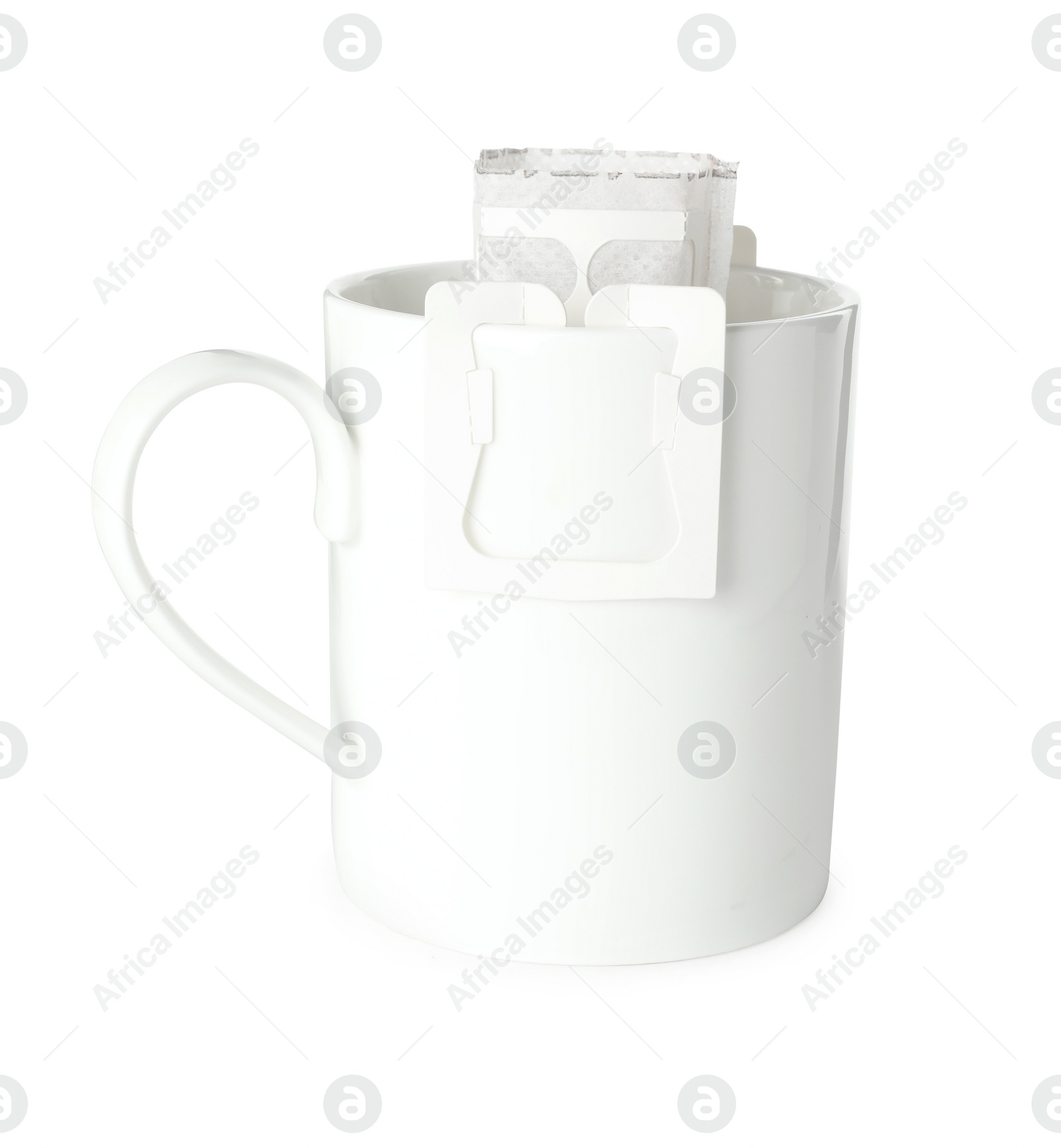 Photo of Cup with drip coffee bag isolated on white