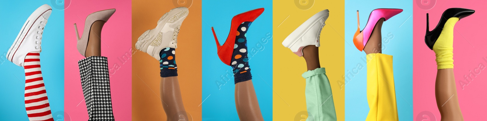 Image of Collage with photos of women showing fashionable collections of stylish shoes, tights and socks on different color backgrounds, closeup view of legs. Banner design