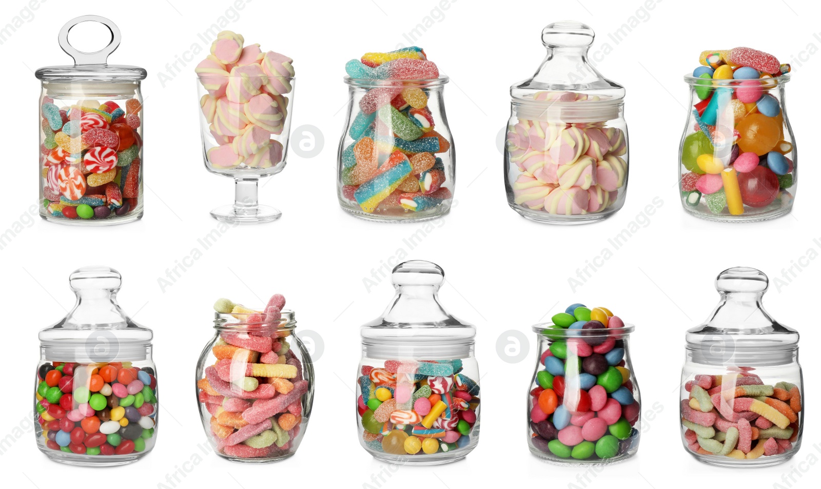 Image of Glass jars with different candies on white background, collage 