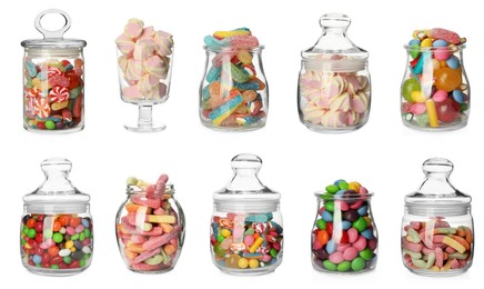 Glass jars with different candies on white background, collage 