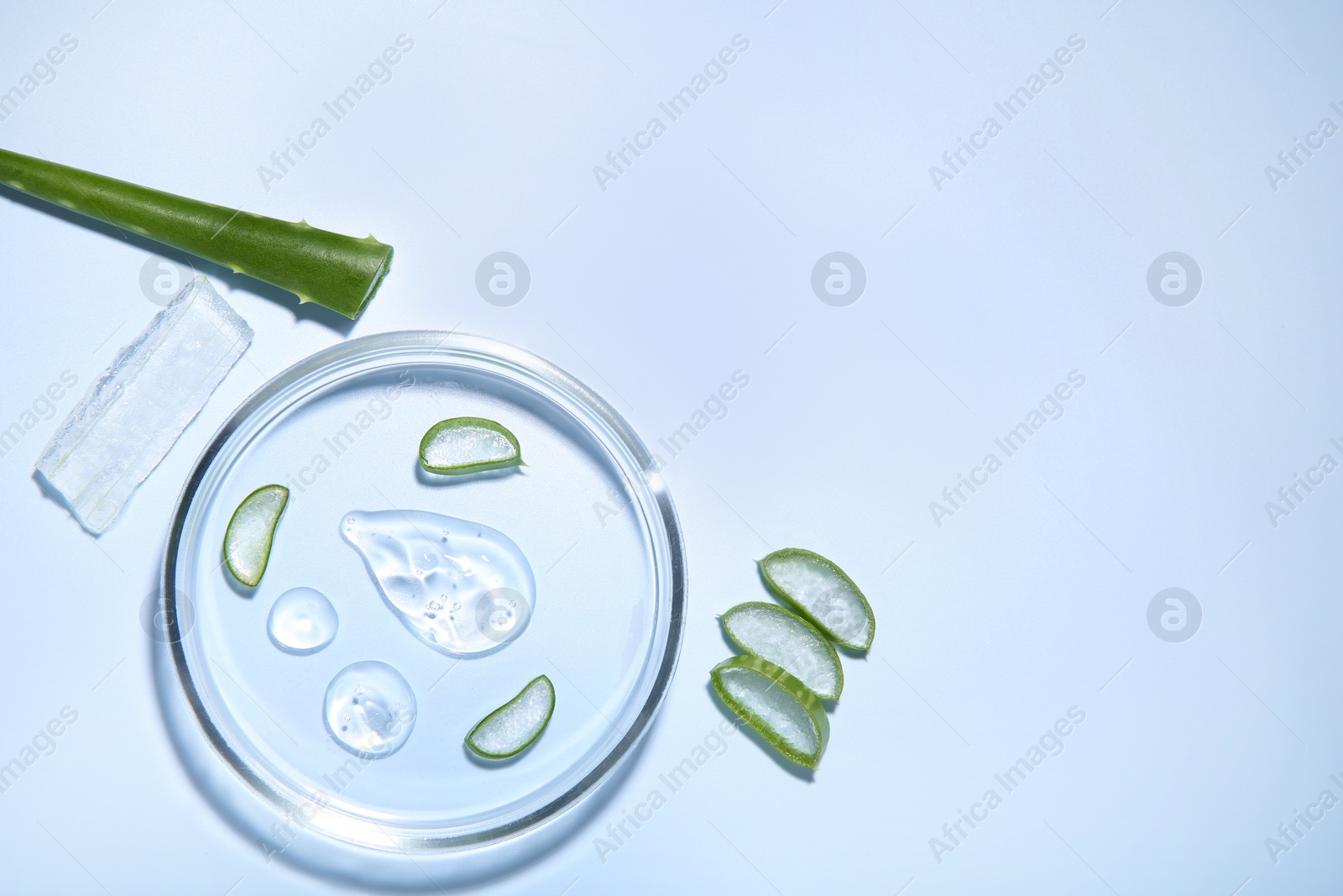 Photo of Cut aloe vera and drops of cosmetic gel on light blue background, flat lay. Space for text