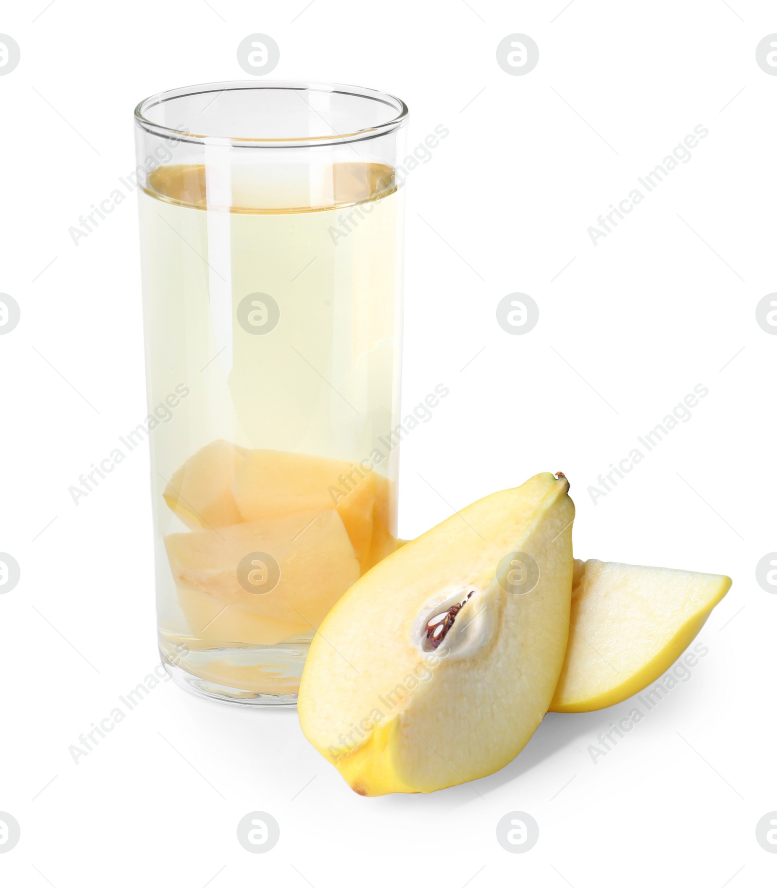 Photo of Delicious quince drink in glass and fresh fruit isolated on white