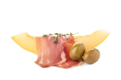 Photo of Melon slice with prosciutto and olives on white background