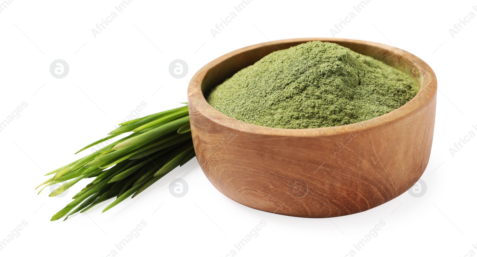 Photo of Wheat grass powder in bowl and fresh sprouts isolated on white