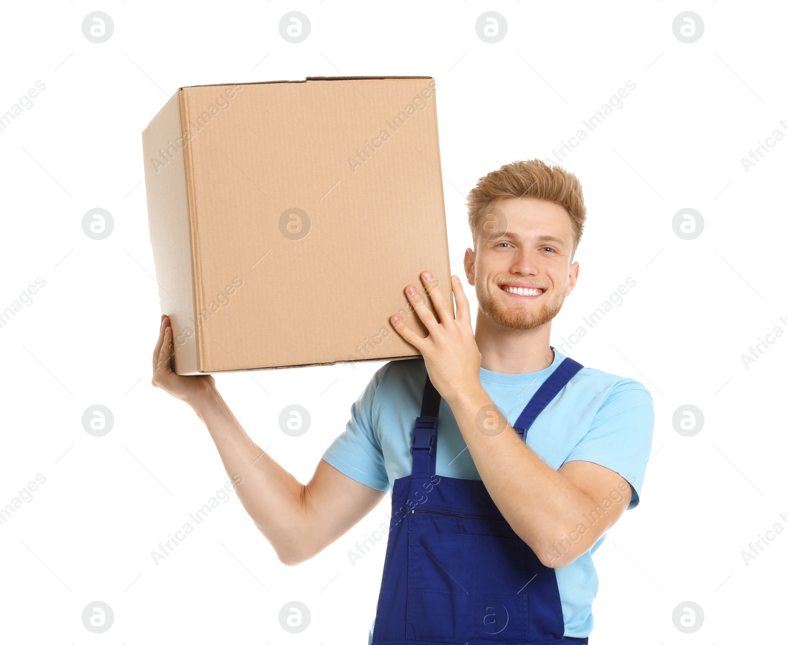 Photo of Portrait of moving service employee with cardboard box on white background