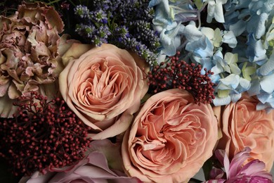 Photo of Beautiful bouquet of fresh flowers as background, closeup