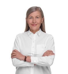 Photo of Portrait of confident woman with crossed arms on white background. Lawyer, businesswoman, accountant or manager