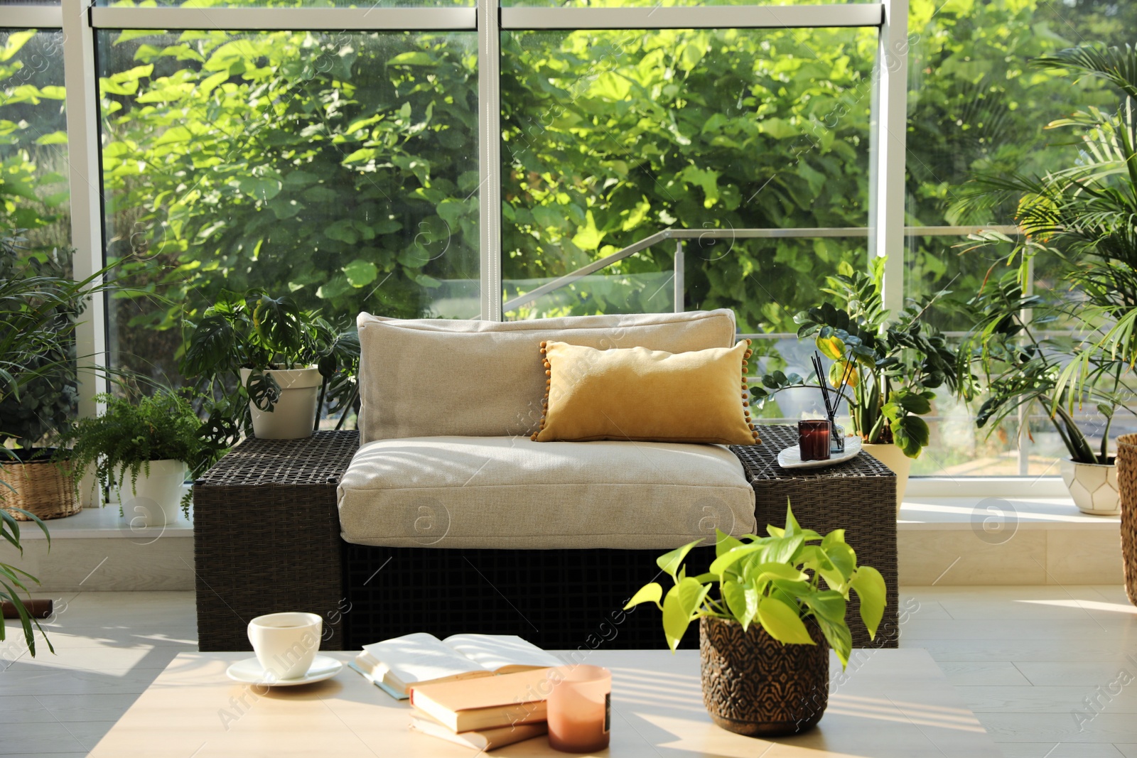 Photo of Indoor terrace interior with modern furniture and houseplants