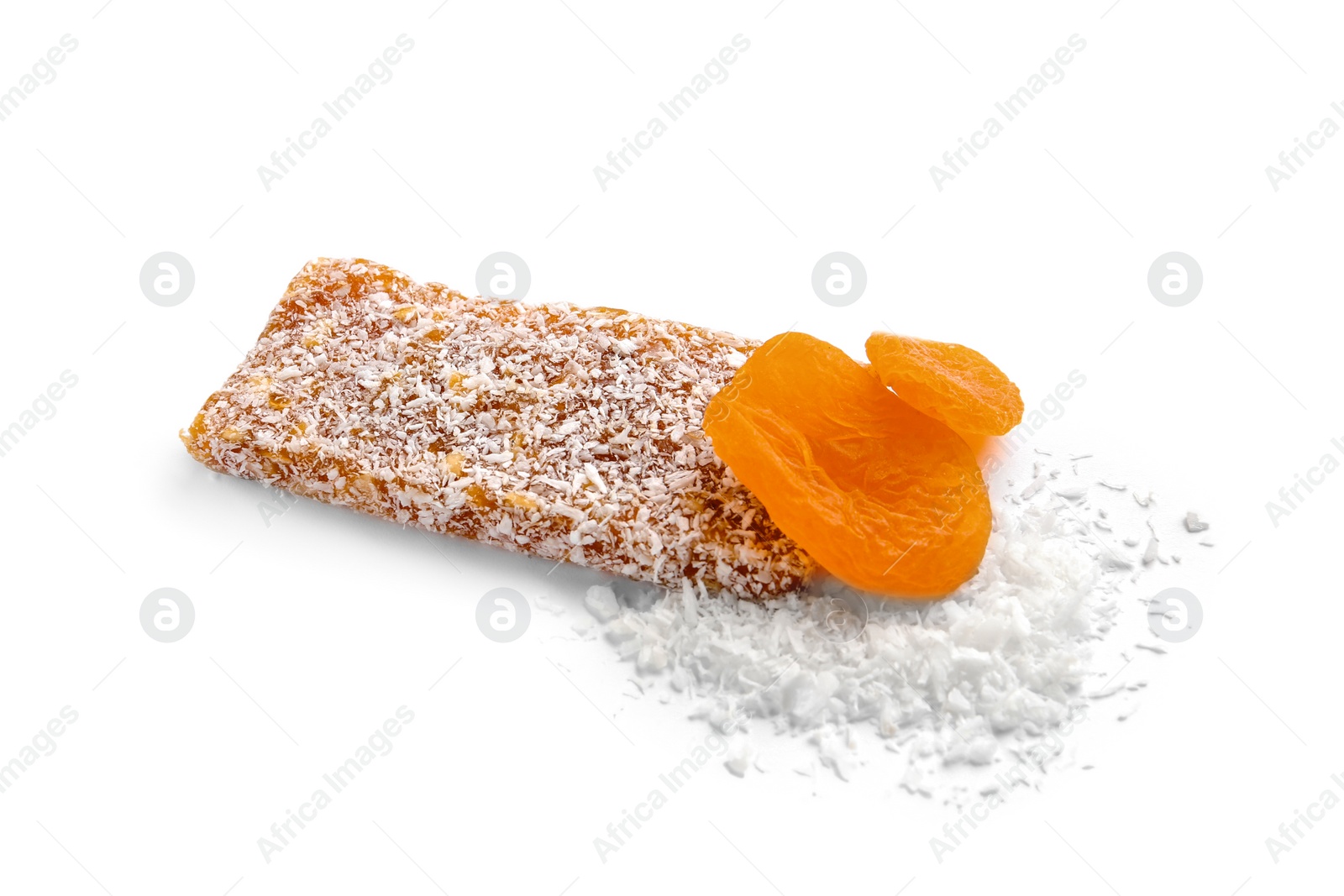 Photo of Grain cereal bar with desiccated coconut and dried apricots on white background