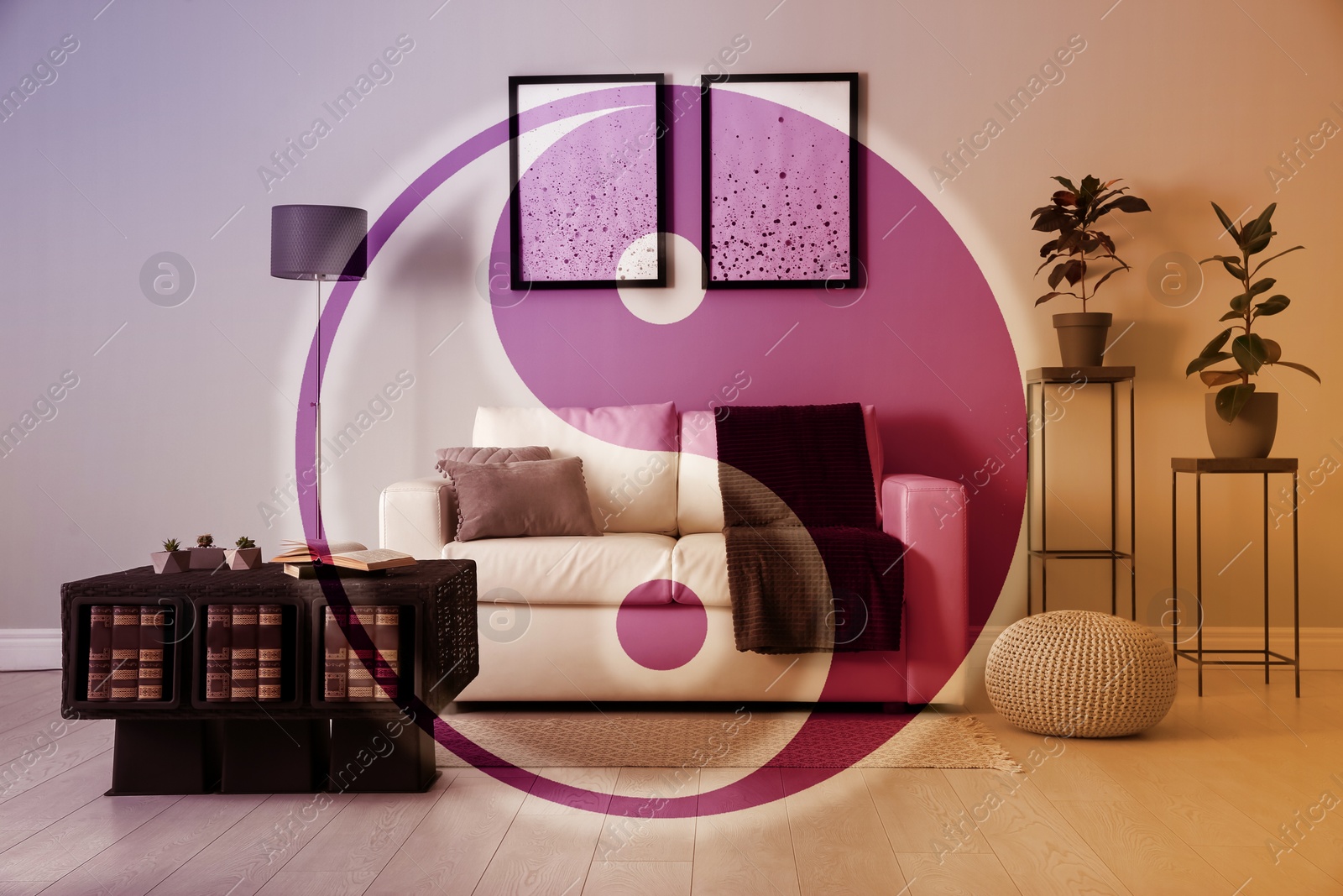 Image of Stylish living room interior and Yin Yang symbol. Feng Shui philosophy 