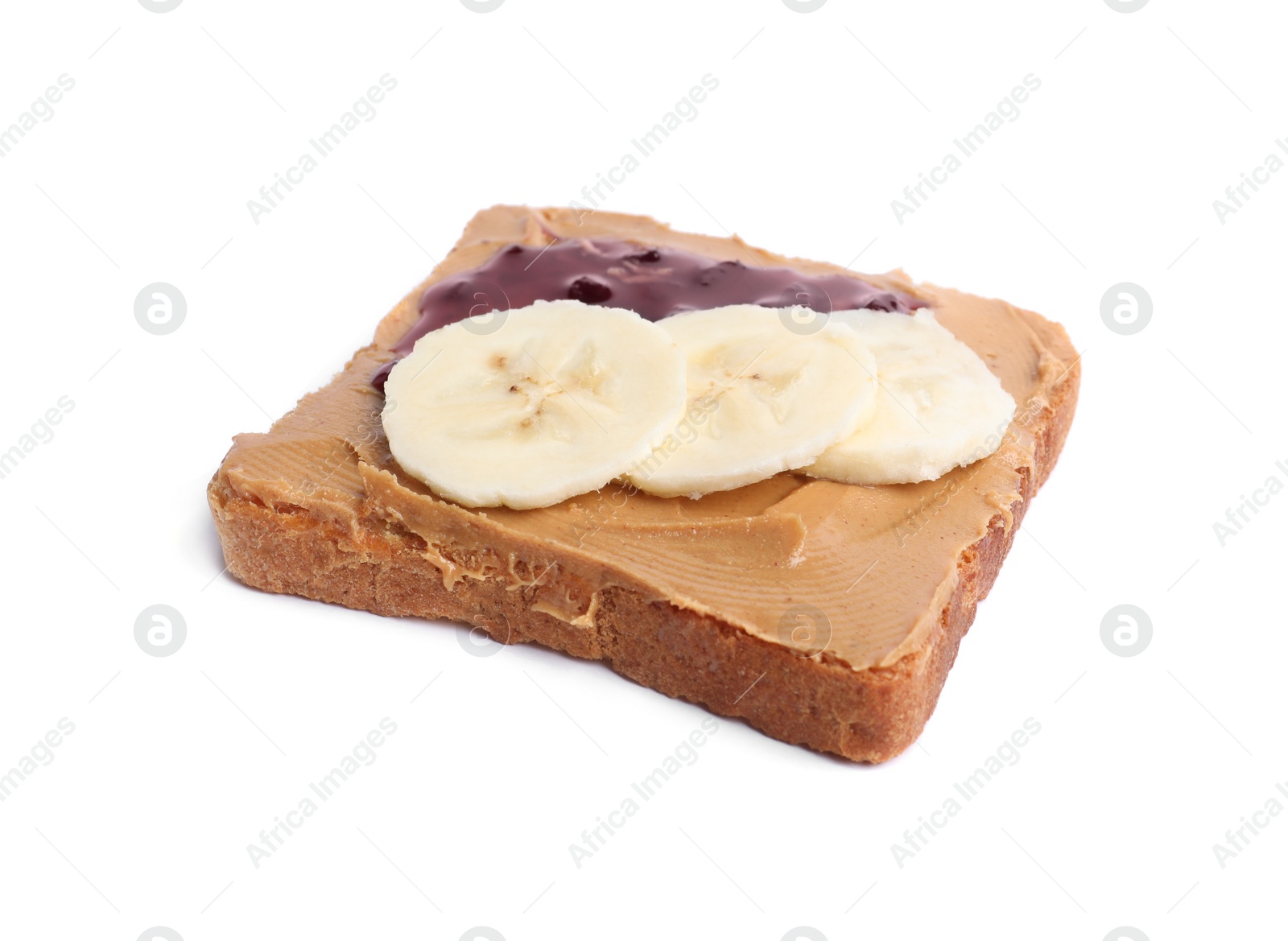 Photo of Toast with tasty nut butter, jam and banana isolated on white