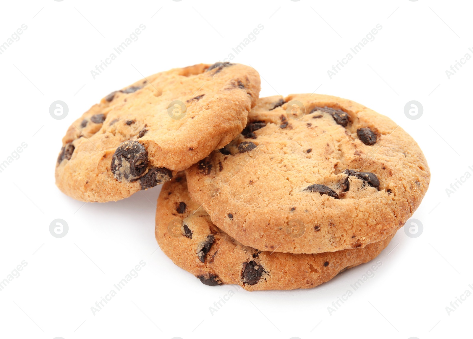 Photo of Tasty chocolate chip cookies on white background