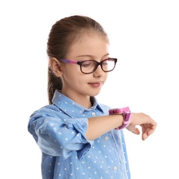 Photo of Girl  with stylish smart watch on white background