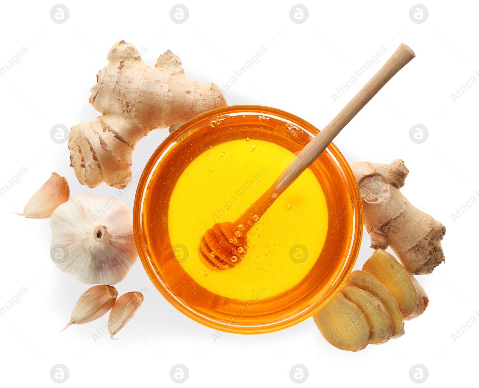 Photo of Ginger, honey and fresh garlic on white background, top view. Natural cold remedies