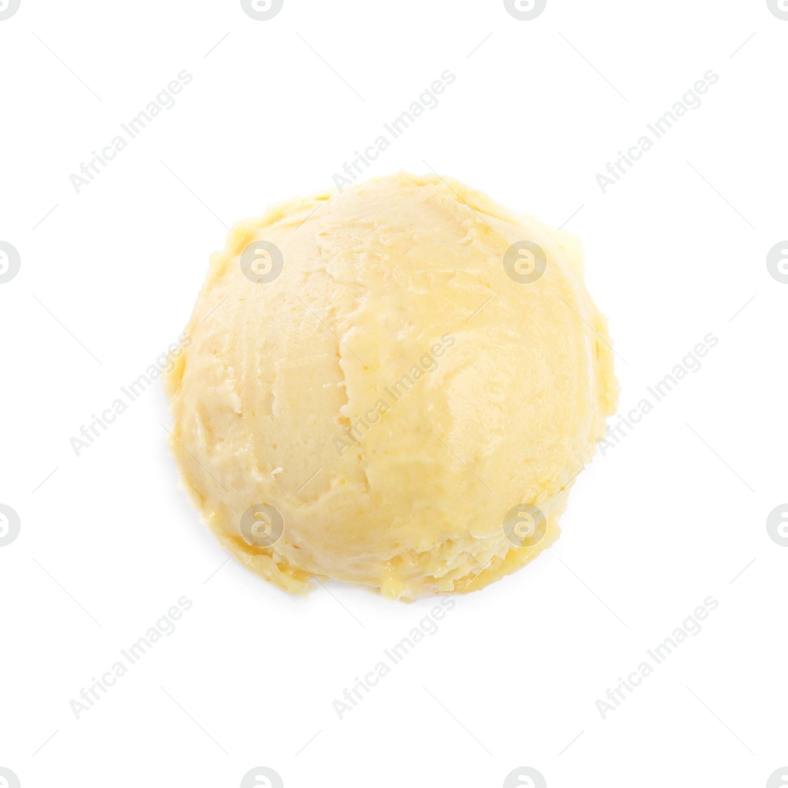 Photo of Scoop of delicious yellow ice cream isolated on white, top view