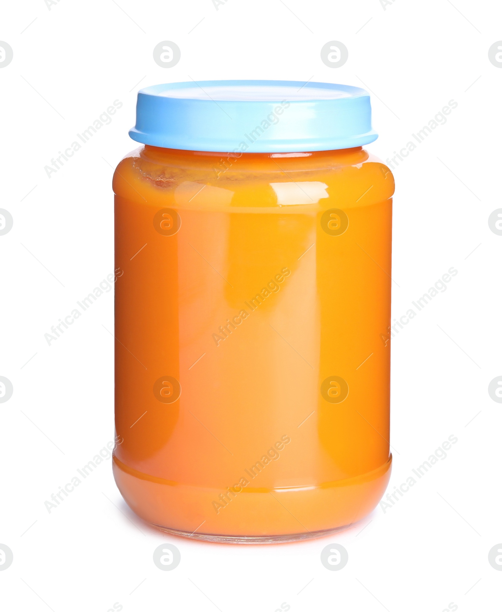 Photo of Jar with baby food isolated on white