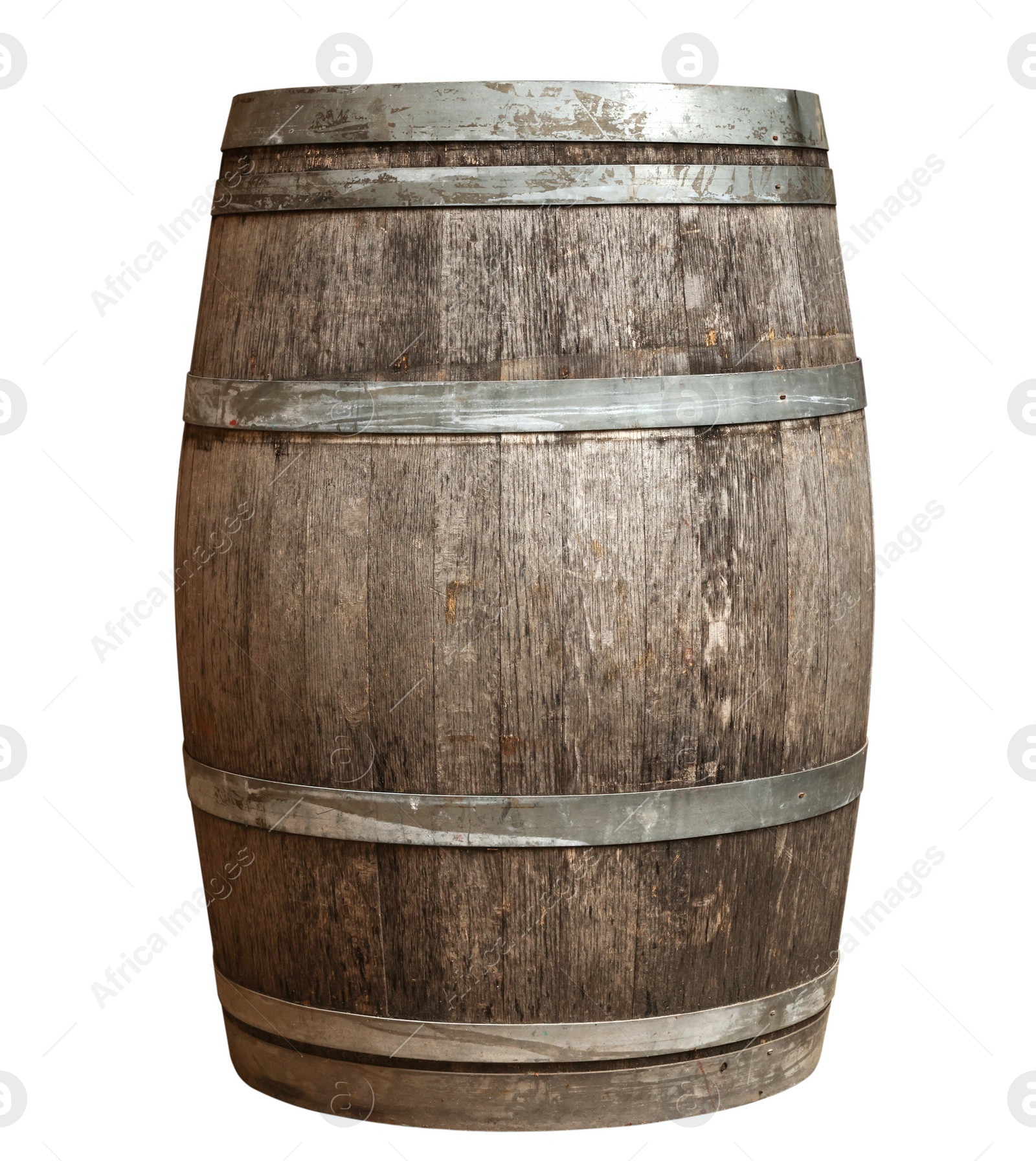 Image of One wooden barrel with metal hoops isolated on white