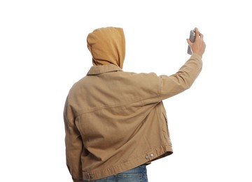 Photo of Man holding can of spray paint on white background, back view