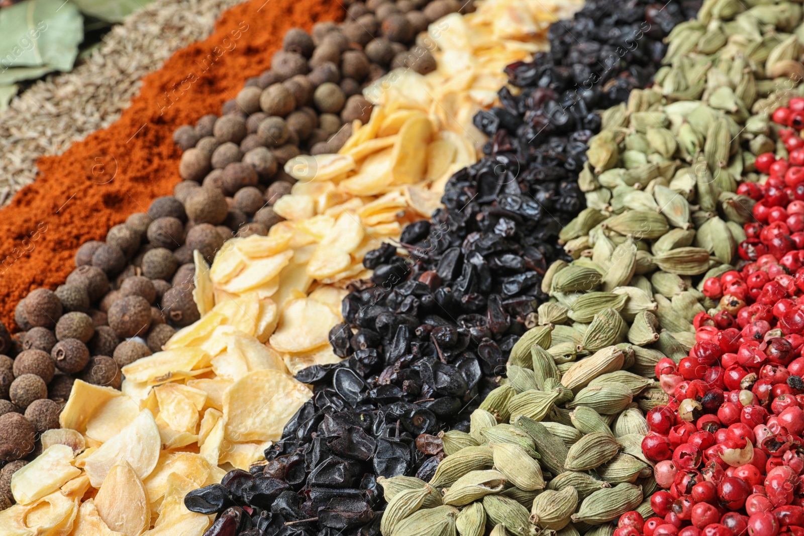 Photo of Set of different spices as background, closeup