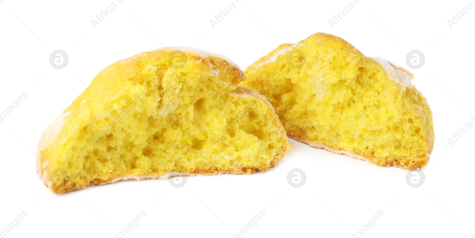 Photo of Broken tasty lemon cookie on white background