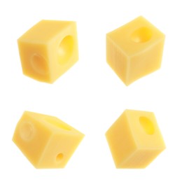 Image of Pieces of delicious cheese on white background, collage