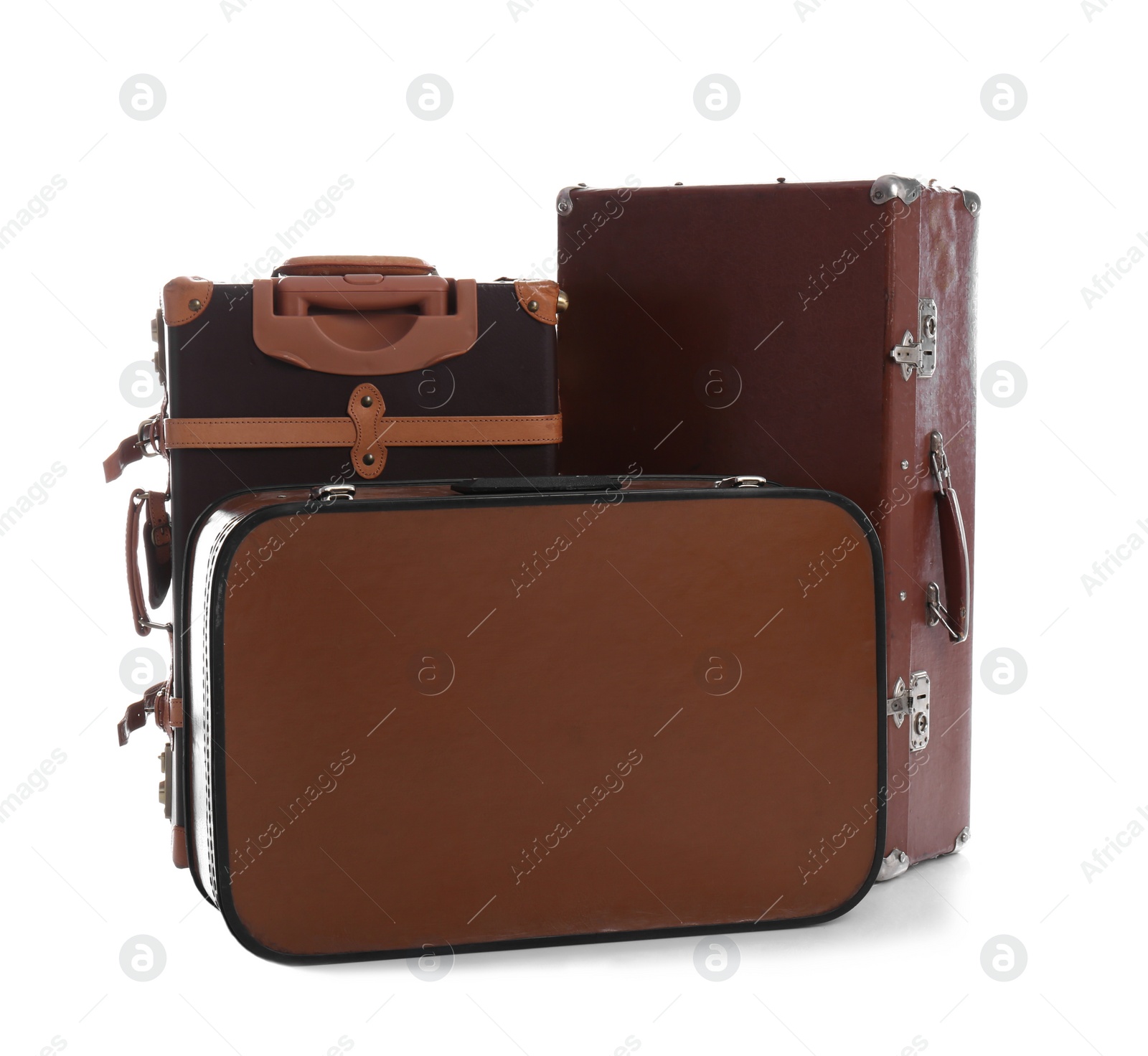 Photo of Set of classic suitcases on white background