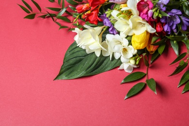 Beautiful freesia bouquet on color background