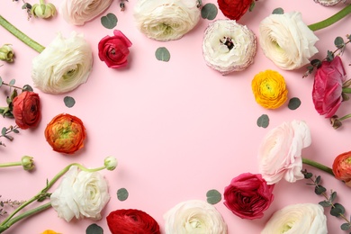 Photo of Frame made of spring ranunculus flowers on color background, flat lay. Space for text