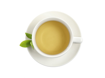 Photo of Cup of green tea and leaves isolated on white, top view
