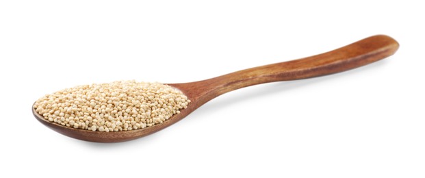 Wooden spoon with raw quinoa isolated on white